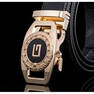 Designer Belt, Gold Buckle, Ratchet Automatic‎ Buckle, Black Leather Belt